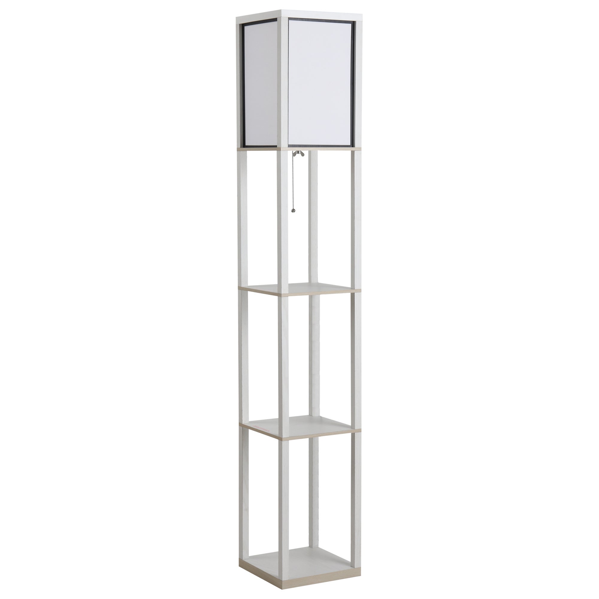Lampa podłogowa 40W z 3 półkami i włącznikiem pociąganym, wykonana z drewna i polistyrenu, 26x26x160 cm, biała