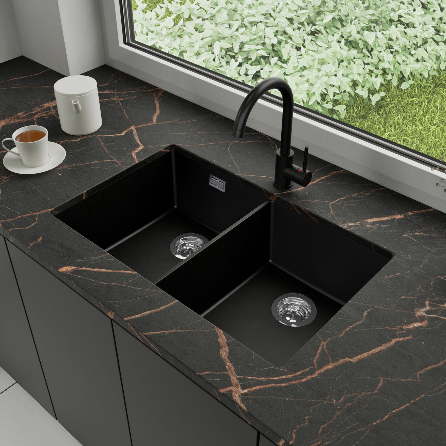 Zlewozmywak podblatowy 76x47cm, do szafki od 80cm + Bateria + Syfon - Agate Czarny STONESTYLE
