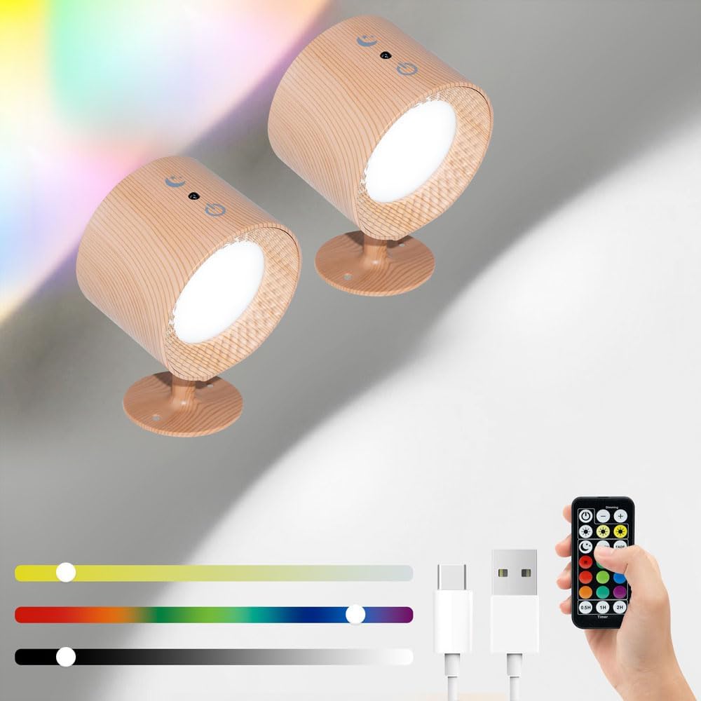 Lampa ścienna ładowana przez USB, obrót o 360°, oświetlenie dwustronne, 3 temperatury barwowe RGB (słoje drewna, 2 szt.)