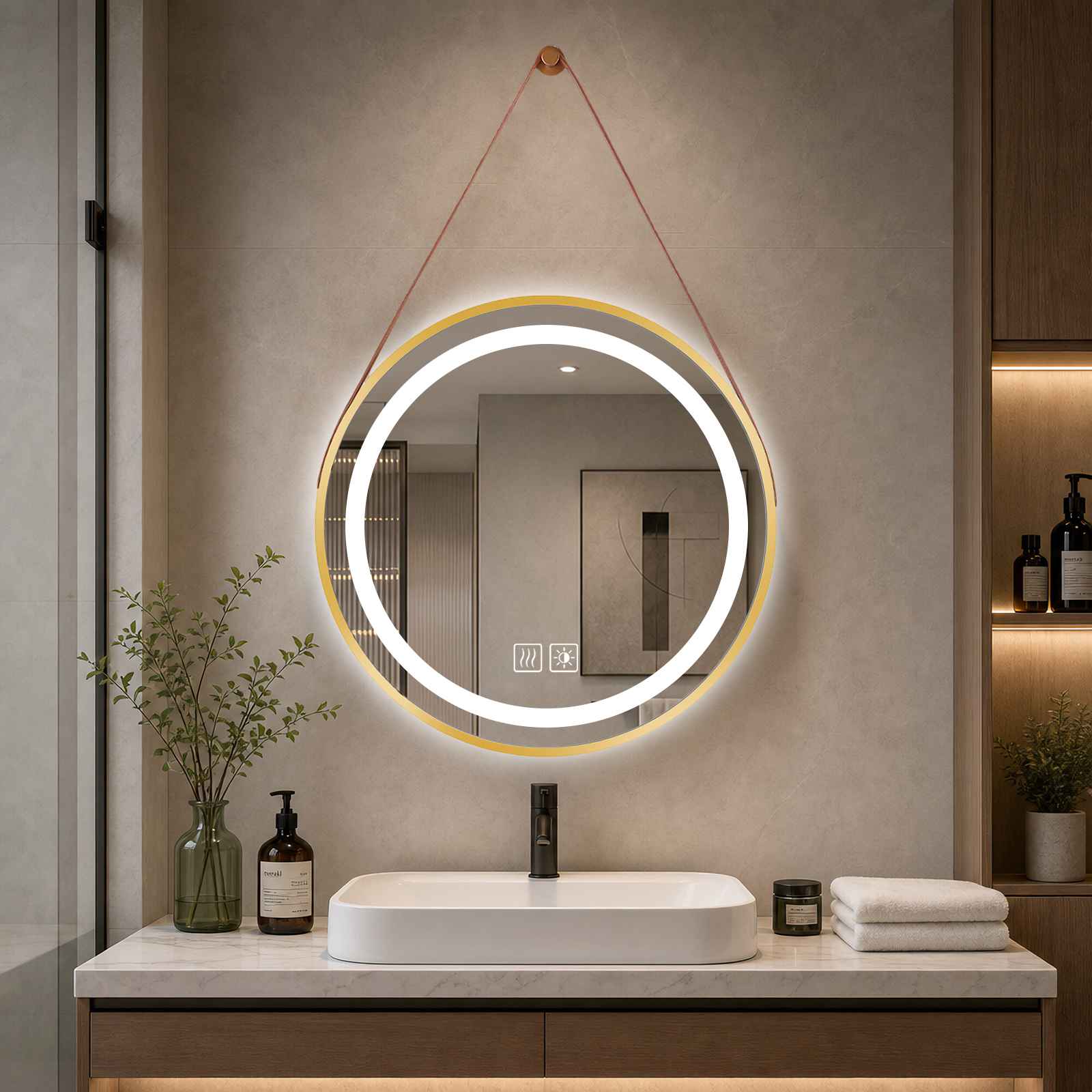 Złote lustro LED okrągłe 50cm z elegancką ramą, lustro łazienkowe dotykowe, światło regulowane 3 kolory, szkło HD