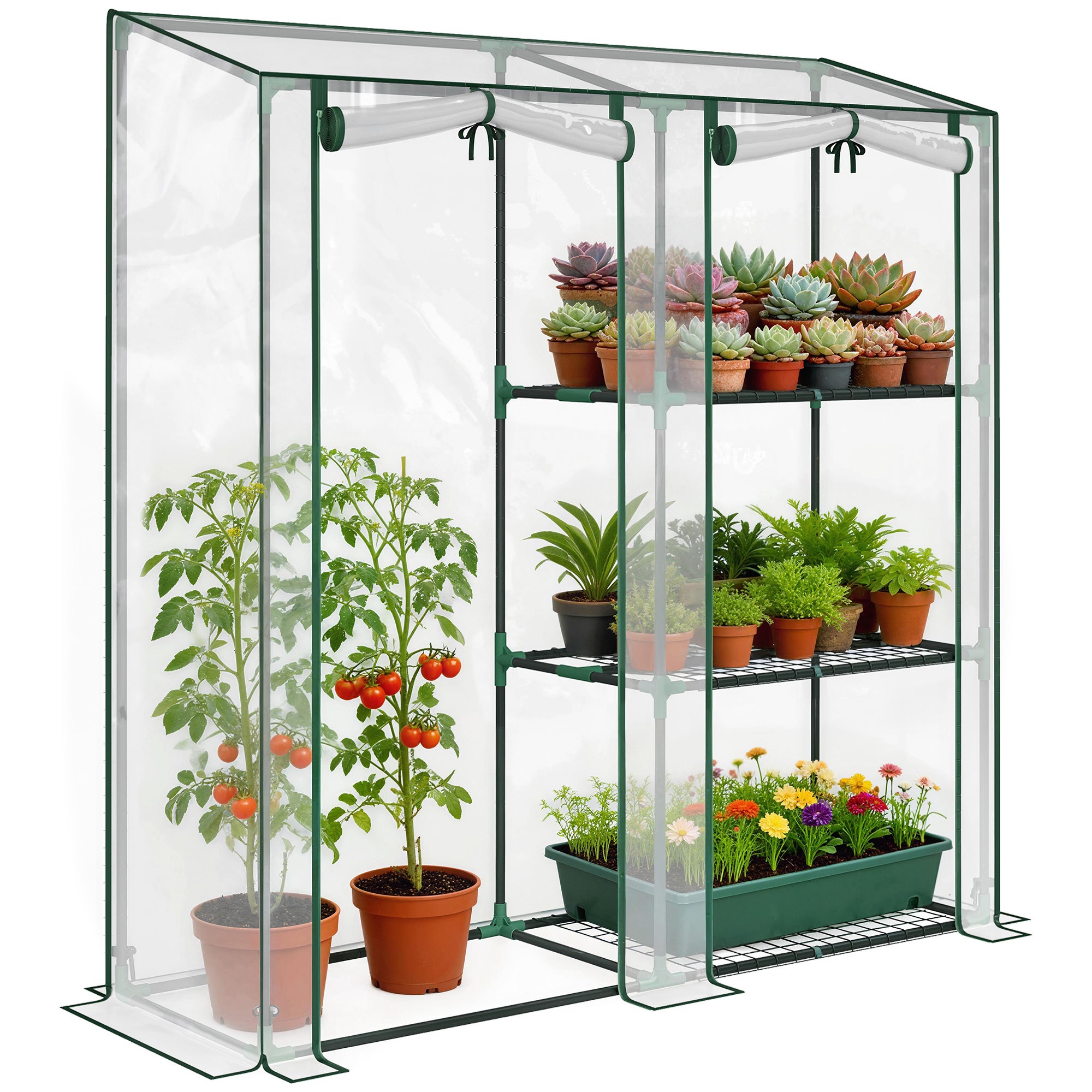 Szklarnia pionowa 2-sekcyjna z 3 półkami, plastik i stal, 143x45x151 cm, ciemnozielona i przezroczysta