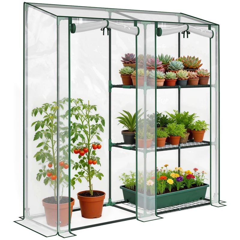 Szklarnia pionowa 2-sekcyjna z 3 półkami, plastik i stal, 143x45x151 cm, ciemnozielona i przezroczysta