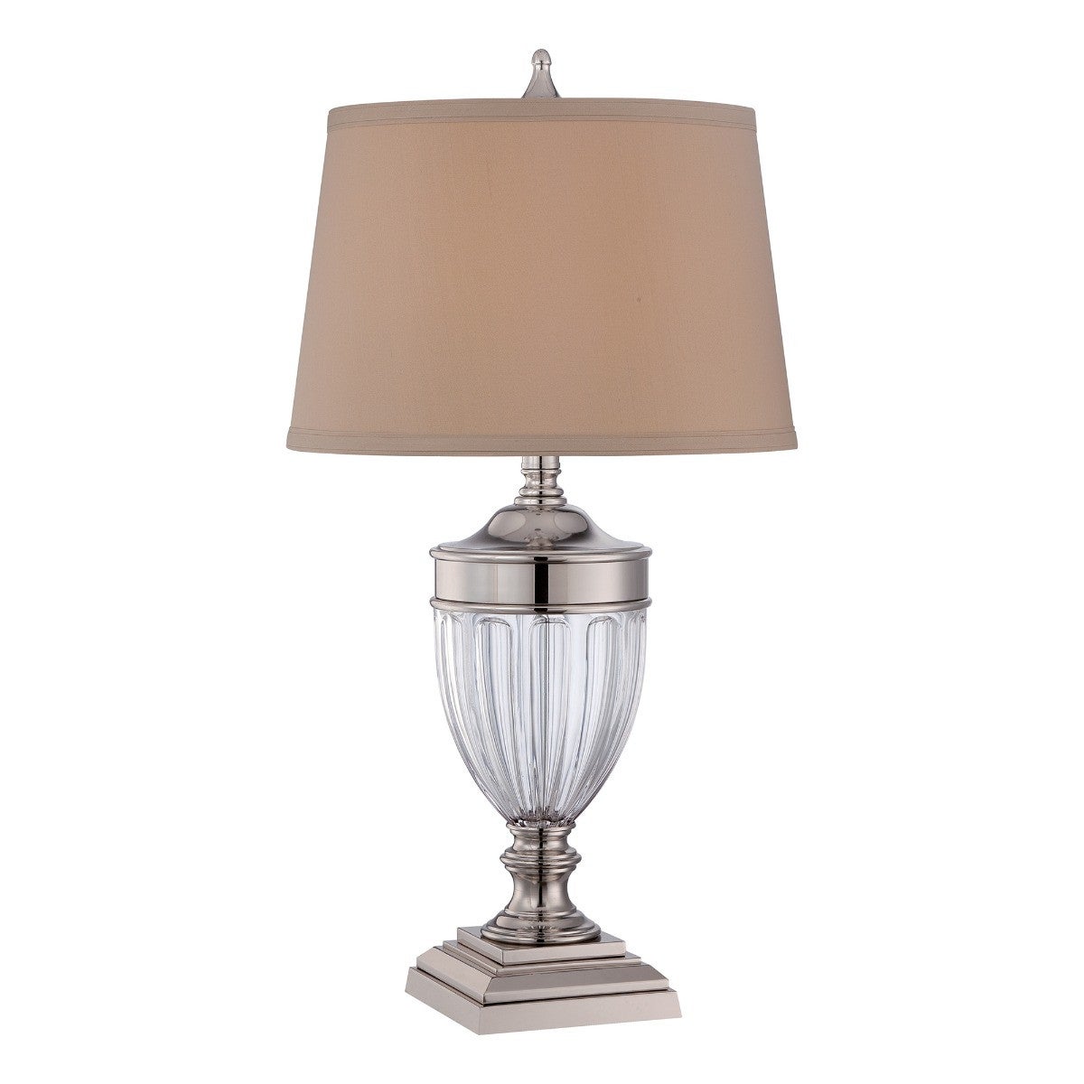 Lampe Dennison, nickel poli et verre, avec abat-jour havane