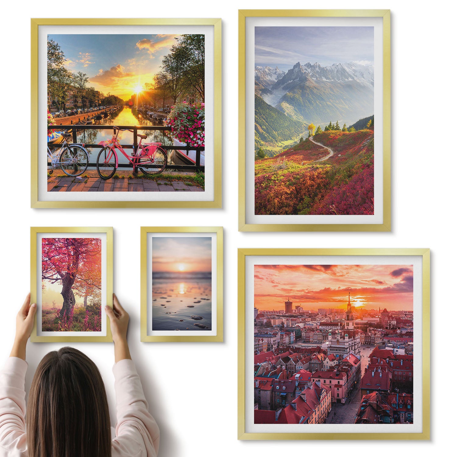 Galeria ścienna 5-częściowy komplet obrazów w złotych ramach - Krajobrazy górskie i miejskie widoki na przyrodę - ArtPrintCave