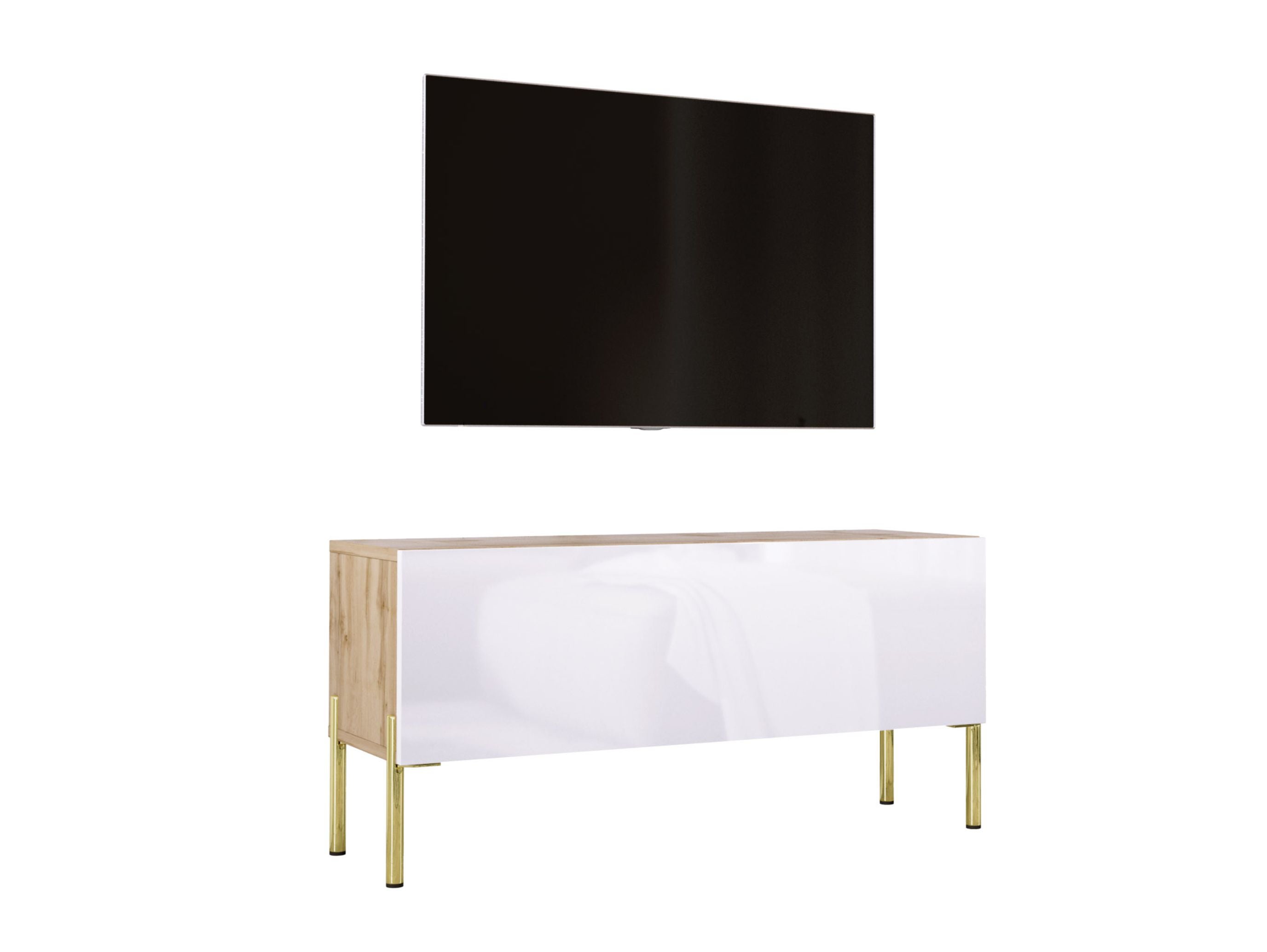 Szafka RTV Wotan Dąb / Biały Błyszczący, Złote Nogi, 100 x 52 x 32 cm