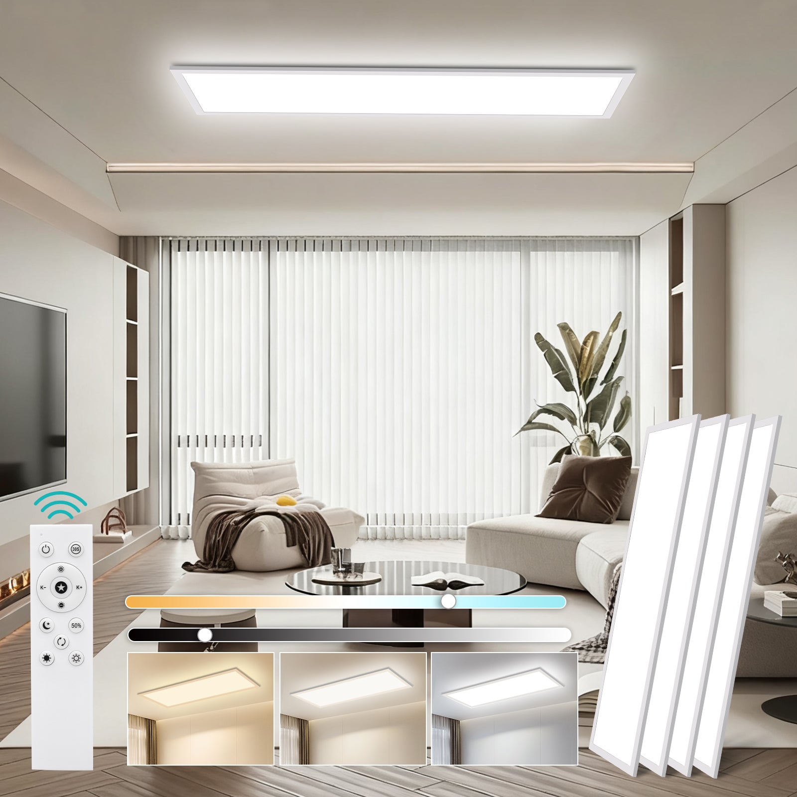 LOVHAUS 4PCS Lampa Sufitowa LED 30W Biała 100x25 cm, Panel LED Sufitowy Prostokątny Nowoczesny Ściemniający do Salonu, Biura, Kuchni z Pilotem