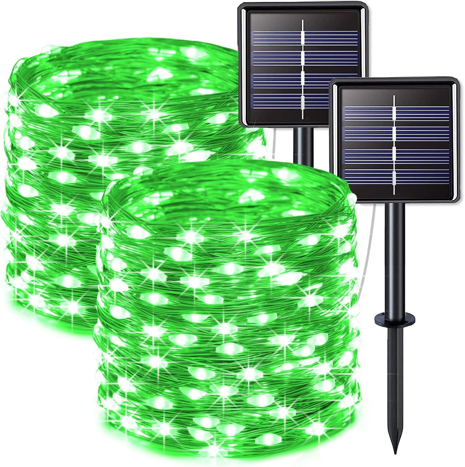 Dwa zasilane energią słoneczną łańcuchy świetlne, każdy o długości 22 metrów, wyposażone są w 200 zielonych diod LED i 8 trybów oświetlenia.