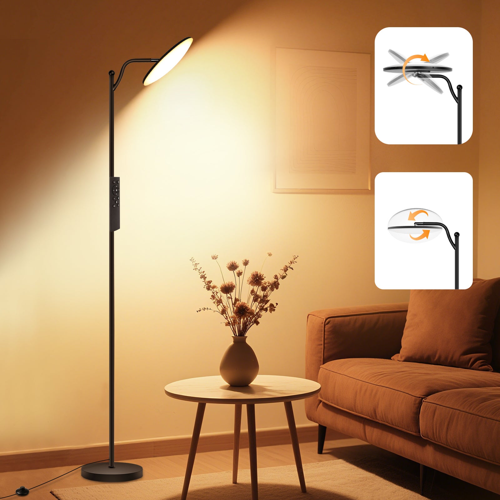 LOVHAUS Podłogowa Lampa LED z Regulacją Jasności – Czarna Lampa do Czytania 32W z Pilotem (2700K-6500K) do Sypialni lub Biura