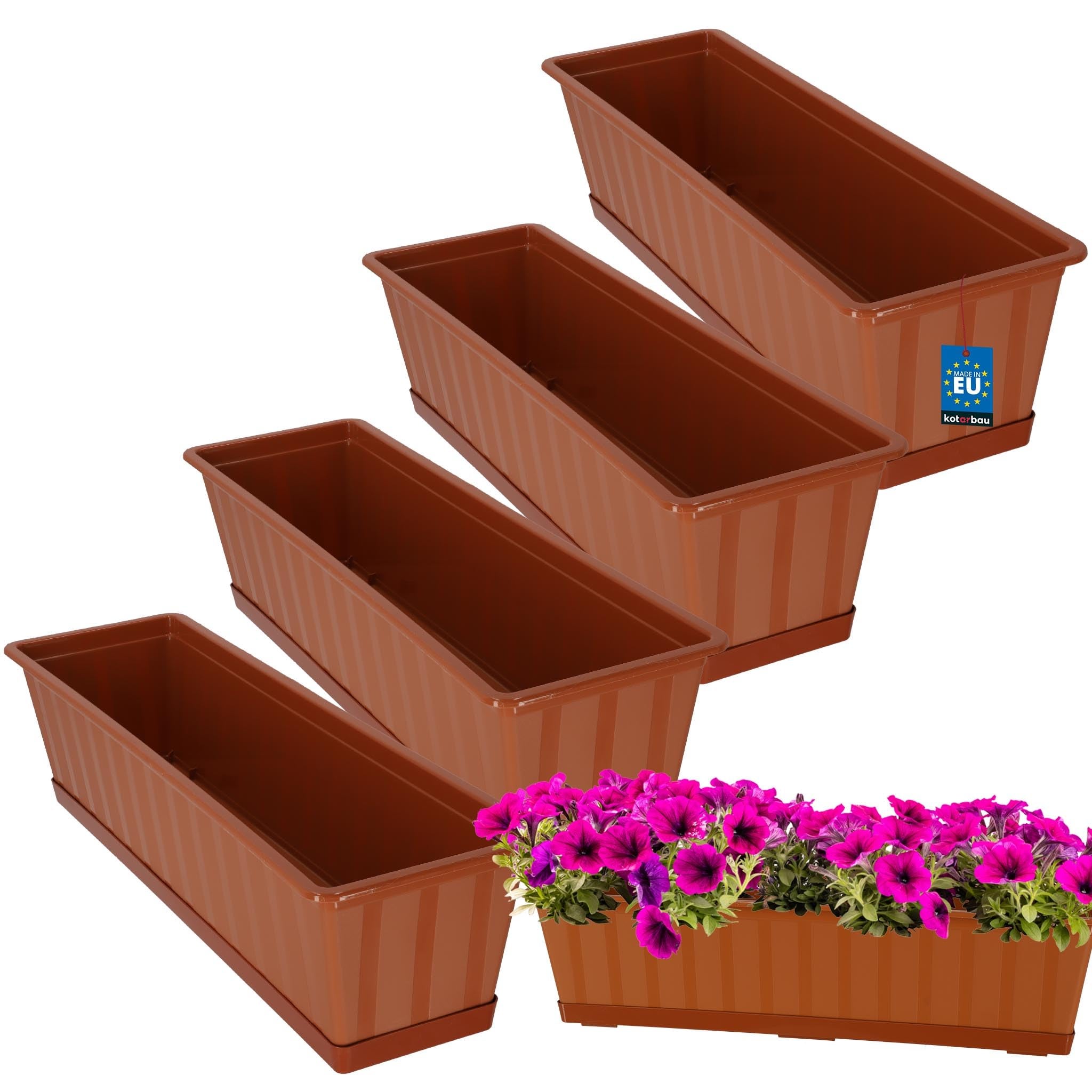 4 szt. Doniczka - Skrzynka Balkonowa - 60 x 18 x 14 cm - Skrzynia na Balustradę Balkon - Donica z Podstawką - Terakota KOTARBAU