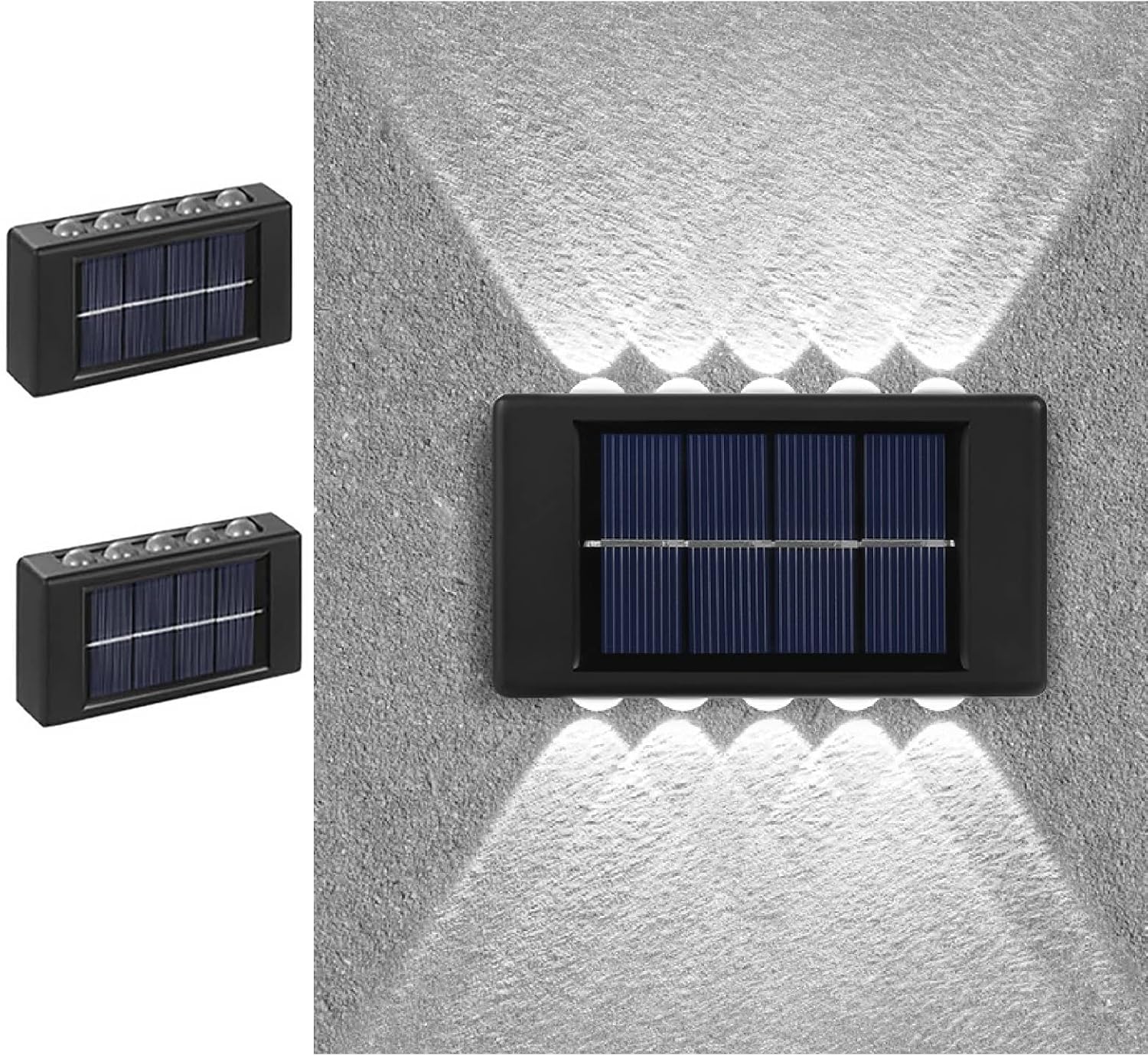 Zestaw 2 wodoodpornych lamp zewnętrznych naściennych, wyposażonych w 10 diod LED zasilanych energią słoneczną, w nowoczesnym, nordyckim stylu i z