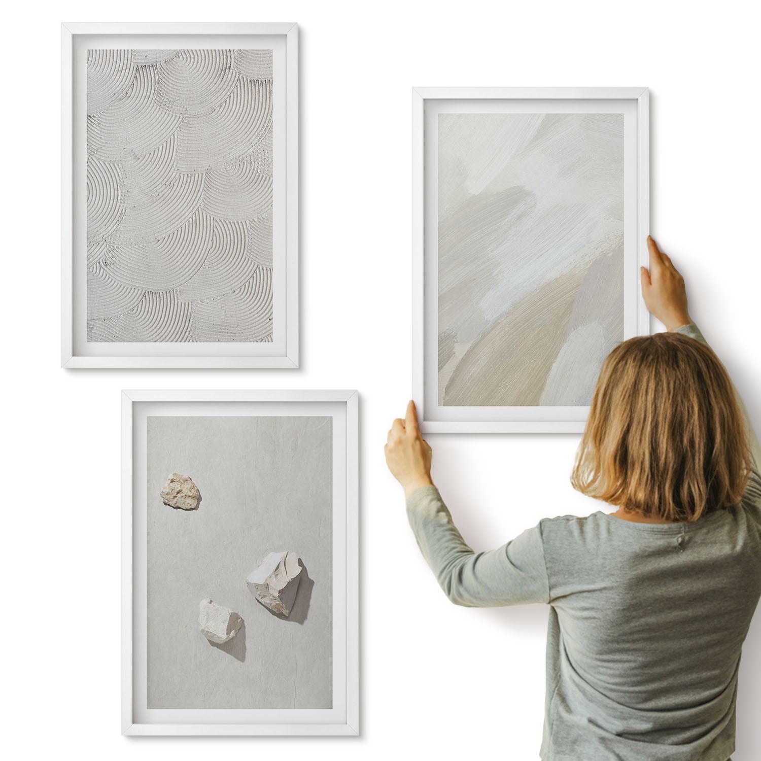 Galeria ścienna 3-częściowy komplet obrazów w białych ramach - Piasek kamienie i nowoczesna tekstura farb - ArtPrintCave