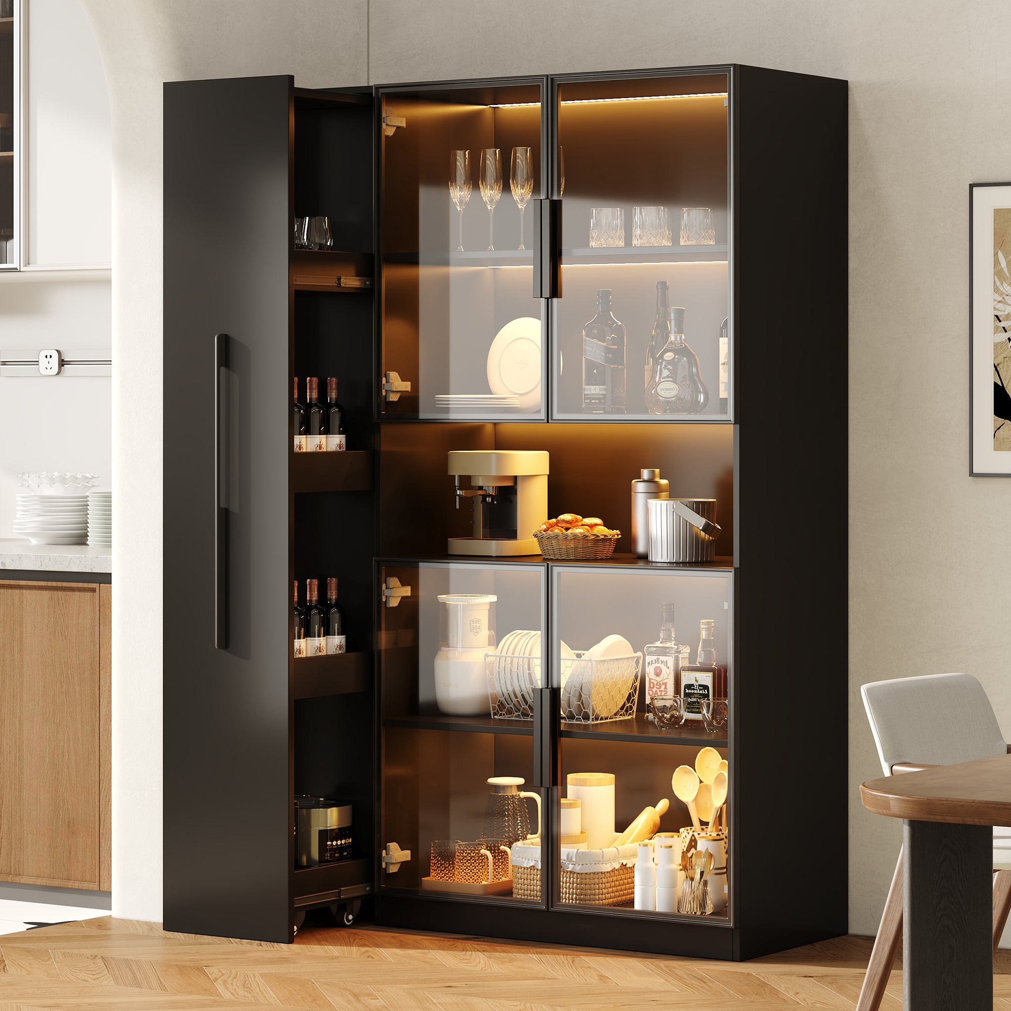 Witryna z 4 drzwiami szklanymi i 1 wysuwaną szufladą - 110 x 30 x 160 cm - MDF - diody LED - czarna