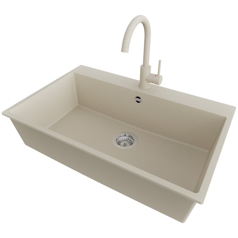 Zlewozmywak Granitowy Beżowy 78x50cm, Zlew Kuchenny 1 Komorowy + Bateria 32x20cm + Syfon, Nablatowy do szafki od 80cm - Ryga PRIMAGRAN