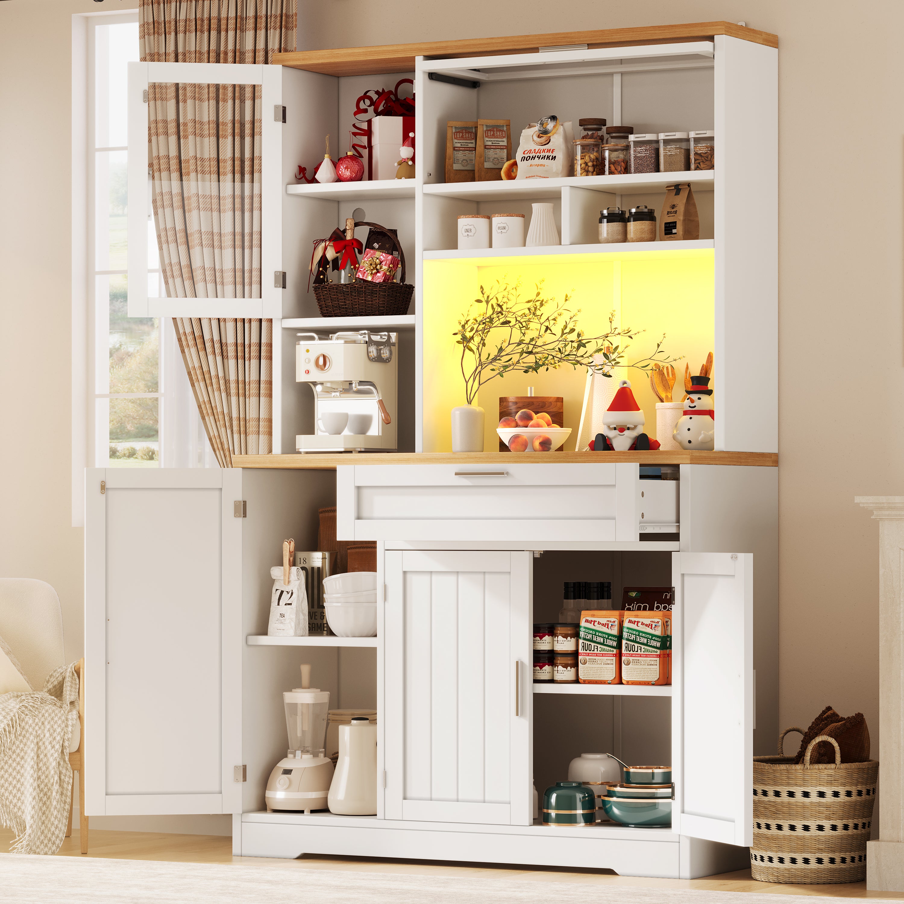 Wysoka komoda kuchenna z 5 drzwiami, 1 szufladą i przegródkami - 104 x 40 x 180 cm - MDF i szkło - diody LED - biała