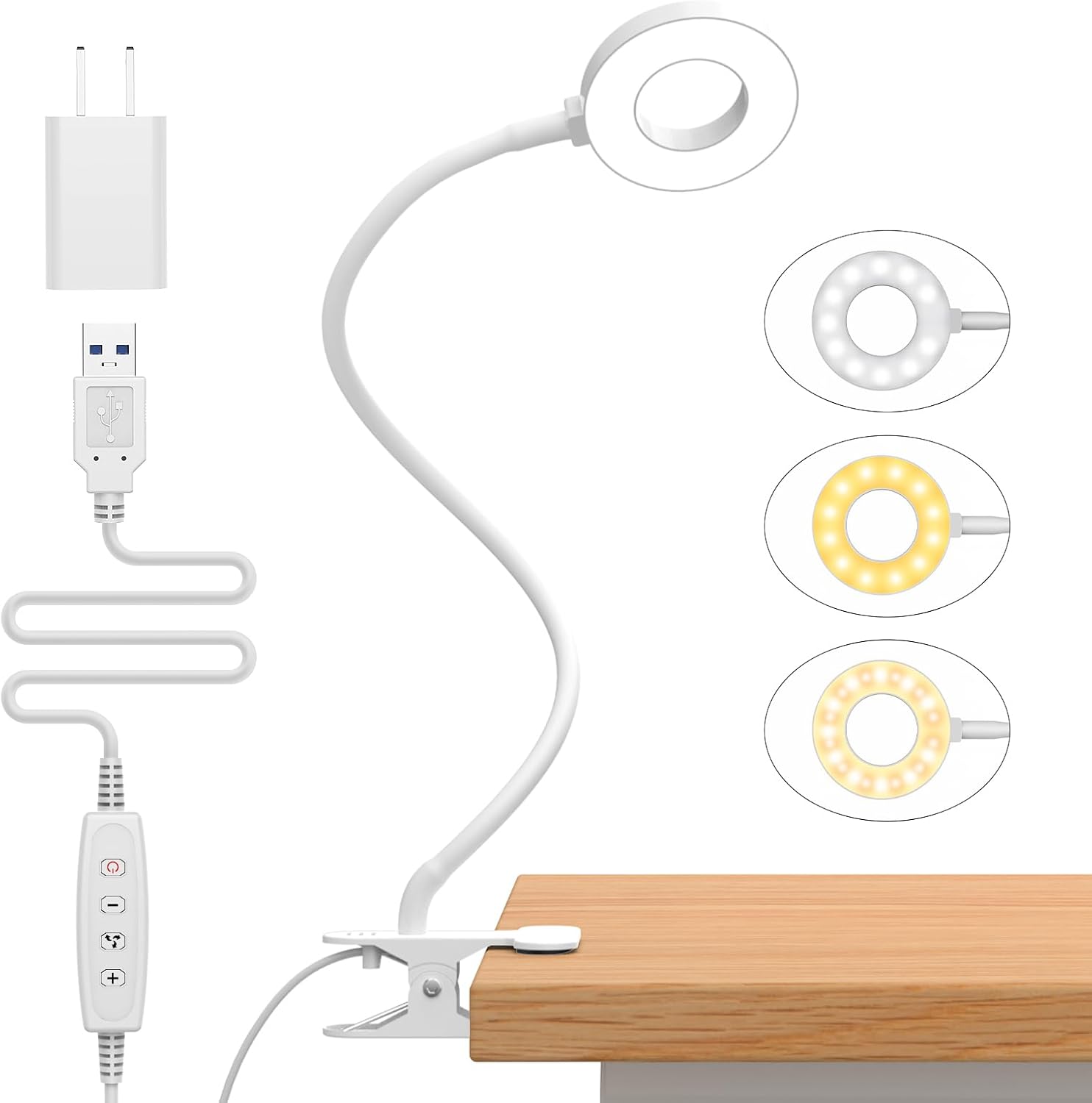 Biała lampka biurkowa z obrotowym klipsem 360°, 48 diodami LED, 3 trybami oświetlenia i 10 poziomami jasności, zasilana przez USB.