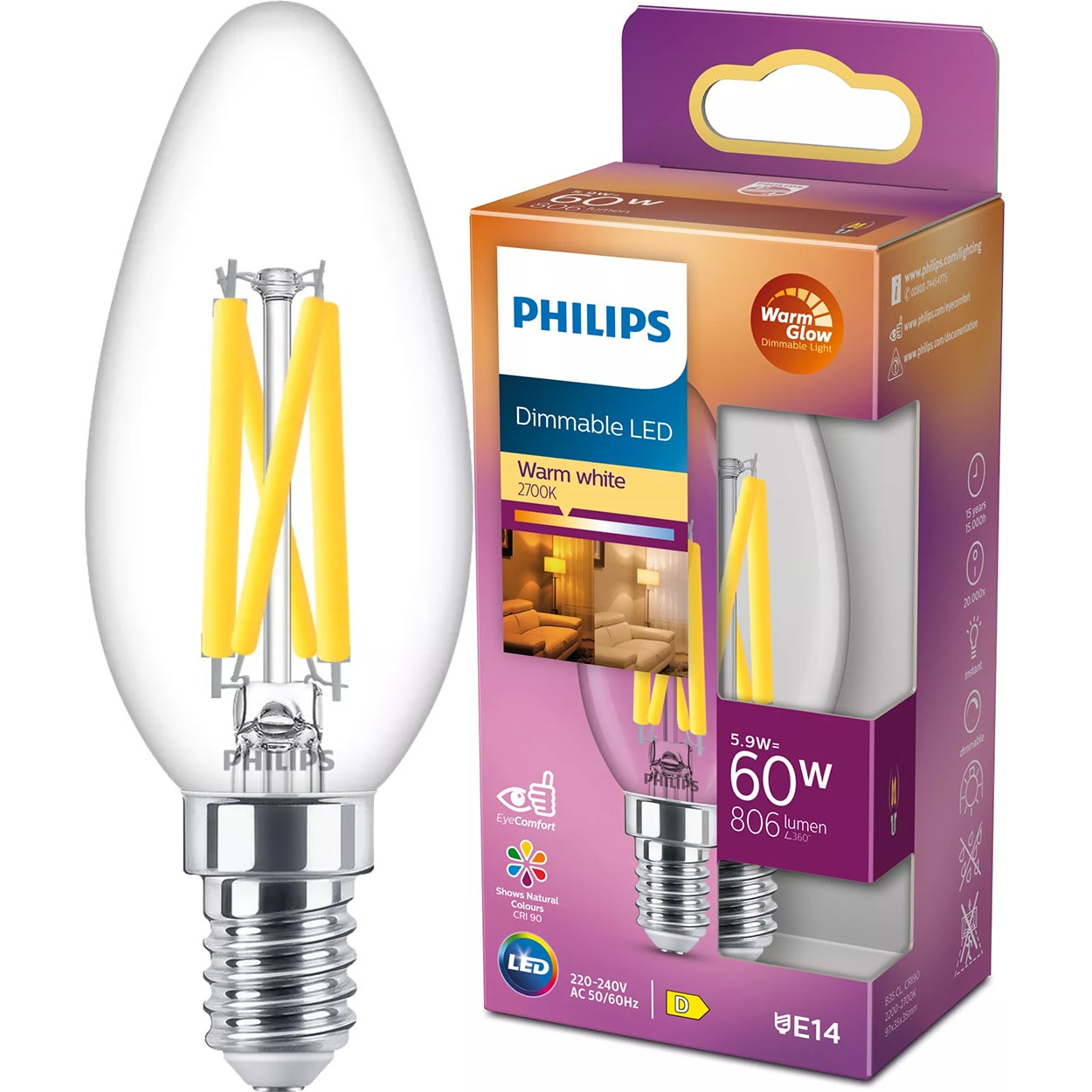 Żarówka LED Philips E14 Świeczka B35 5.9W 806lm 2700K Filament Ściemnialna WarmGlow Dimmable
