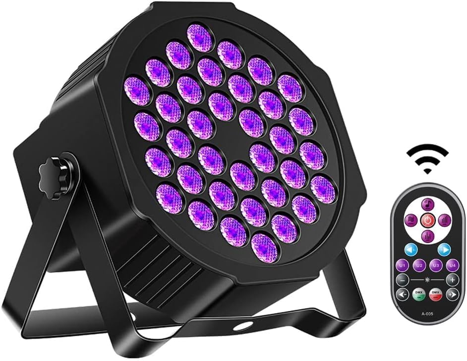 Czarny projektor LED o mocy 36 W z 36 diodami PAR, pilotem zdalnego sterowania i sterowaniem DMX, oświetlenie sceniczne UV na Halloween, Boże Narodzen