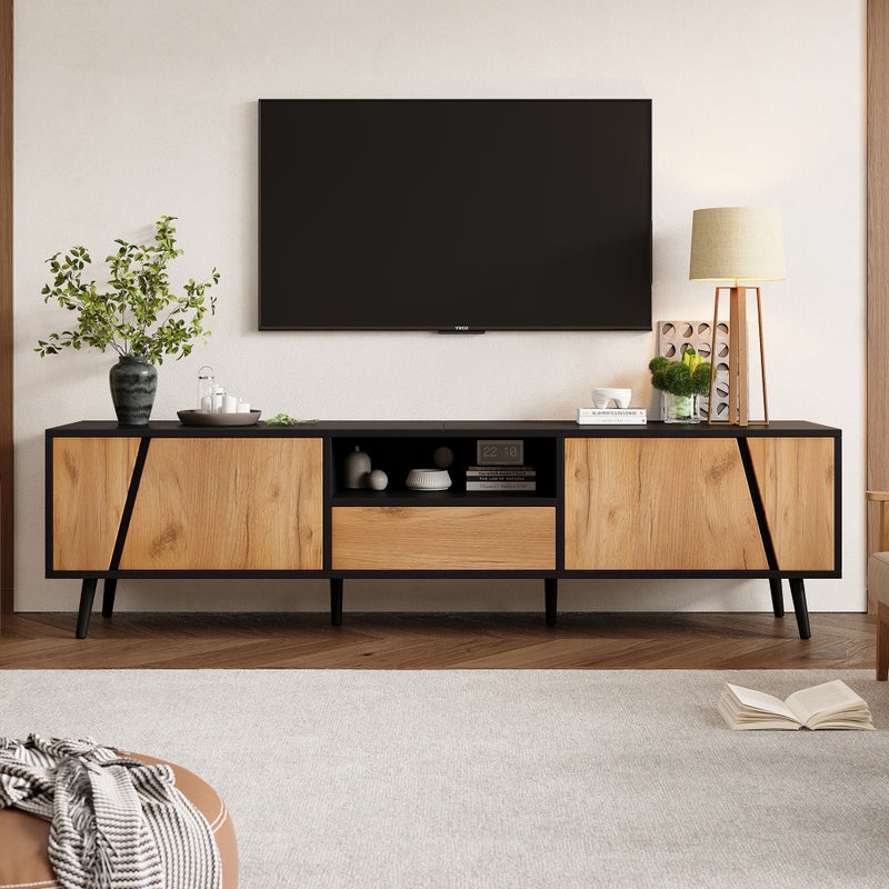Meble pod TV 180x40x46 cm - z 1 szufladą i 2 drzwiami - pasuje do telewizora 75 cali - czarny + naturalny