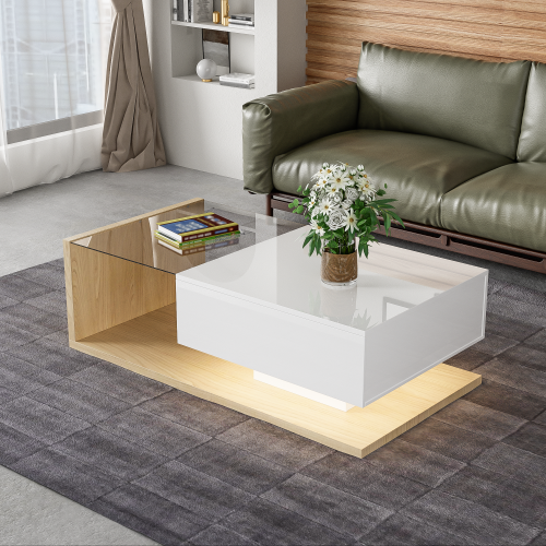 Couchtisch Hochglanz mit Glasplatte und LED Beleuchtung, Moderner Beistelltisch mit Ablagefach 105x55 cm dla Wohnzimmer