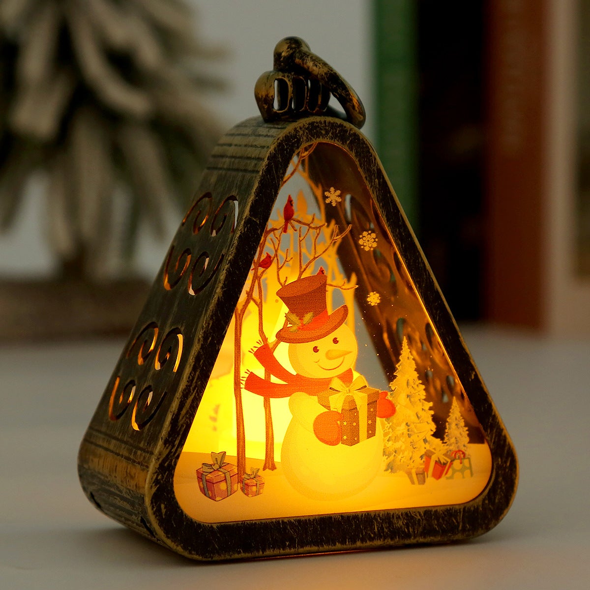 Dekoracje świąteczne, lampki nocne w stylu vintage, ozdoby na biurko - brąz - motyw bałwana - zestaw 2 sztuk.