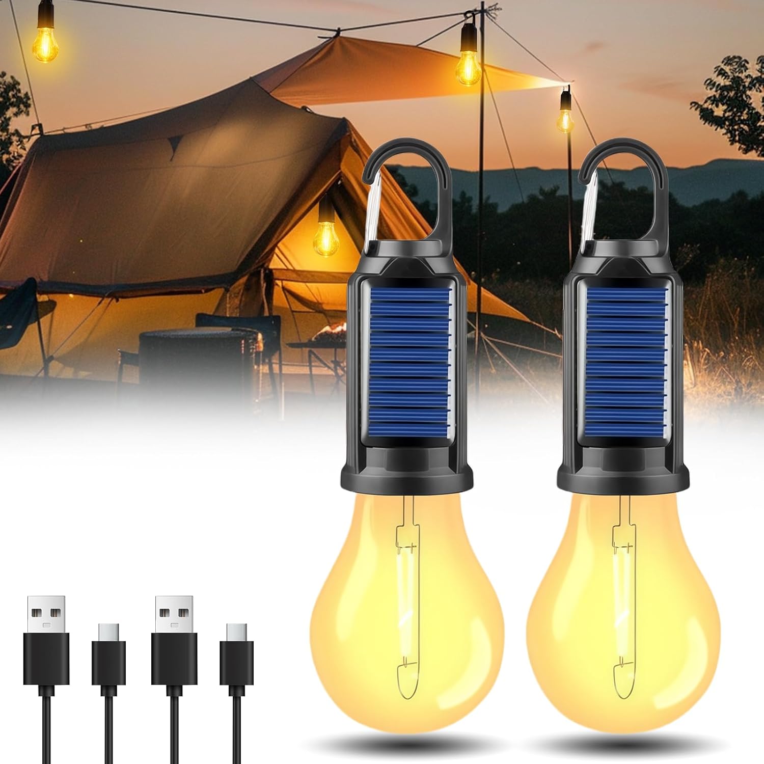Akumulatorowa lampa kempingowa zasilana energią słoneczną (2 sztuki), przenośna lampa kempingowa na zewnątrz, 3 tryby oświetlenia, IPX3.