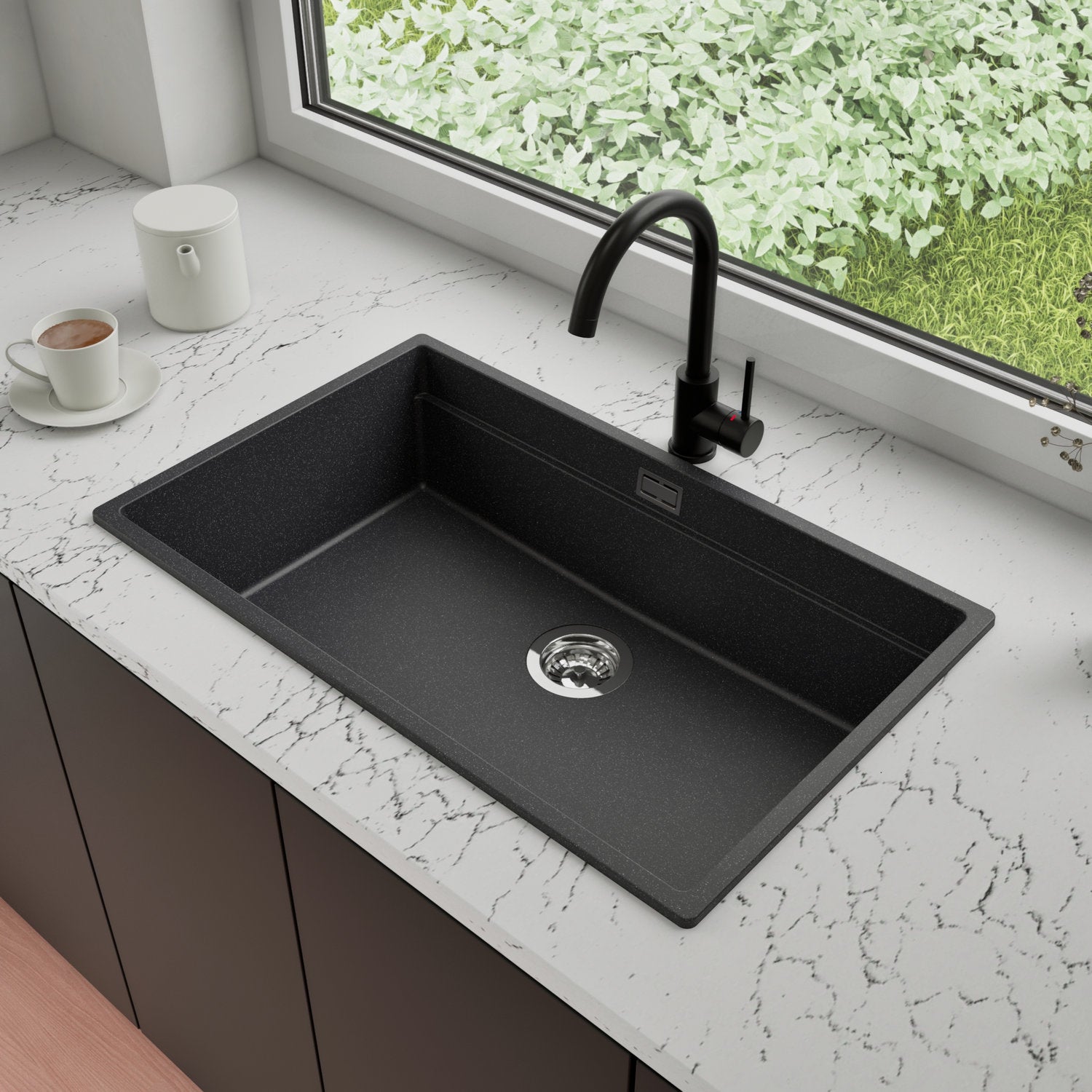 Zlewozmywak Granitowy 76x47cm, do szafki od 80cm + Bateria + Syfon - Coral Grafitowy STONESTYLE