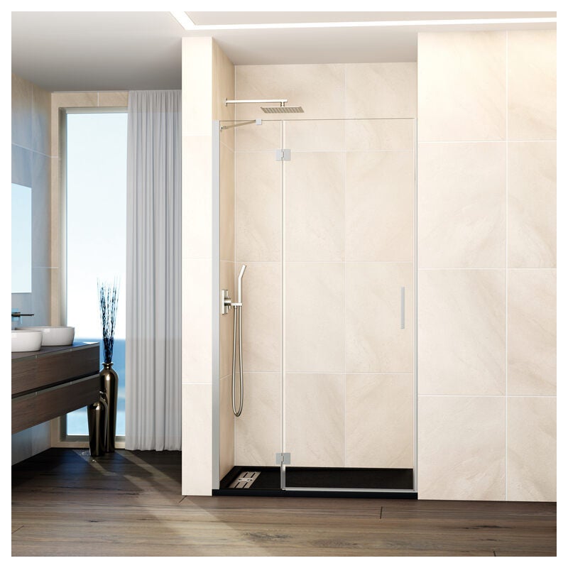 Kabina frontowa GLASS panel stały + drzwi uchylne zamknięcie magnetyczne 90 cm (87-90; 40+50) nikiel
