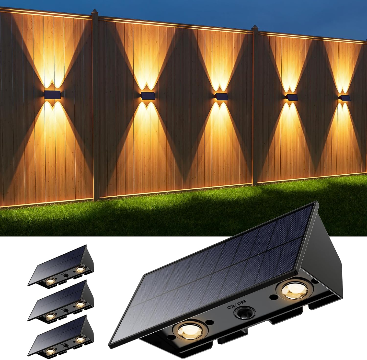 Zestaw 4 lamp ściennych LED zasilanych energią słoneczną do użytku zewnętrznego, idealnych na werandy, tarasy i do ogrodów. (Ciepłe, białe światło)