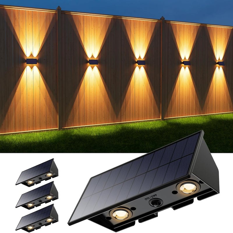 Zestaw 4 lamp ściennych LED zasilanych energią słoneczną do użytku zewnętrznego, idealnych na werandy, tarasy i do ogrodów. (Ciepłe, białe światło)