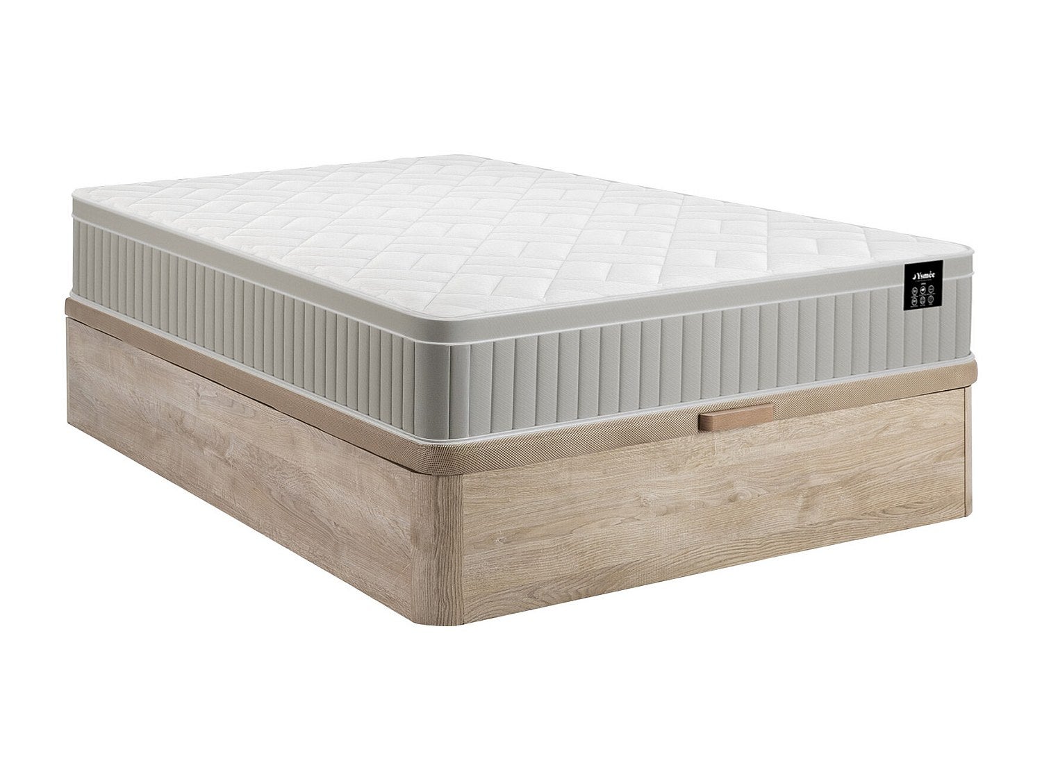 Zestaw 160 x 200 cm jasny naturalny stelaż ze skrzynią + materac piankowy z żelem z pamięcią kształtu 7 stref gr. 22 cm - SOMIRA marki YSMÉE