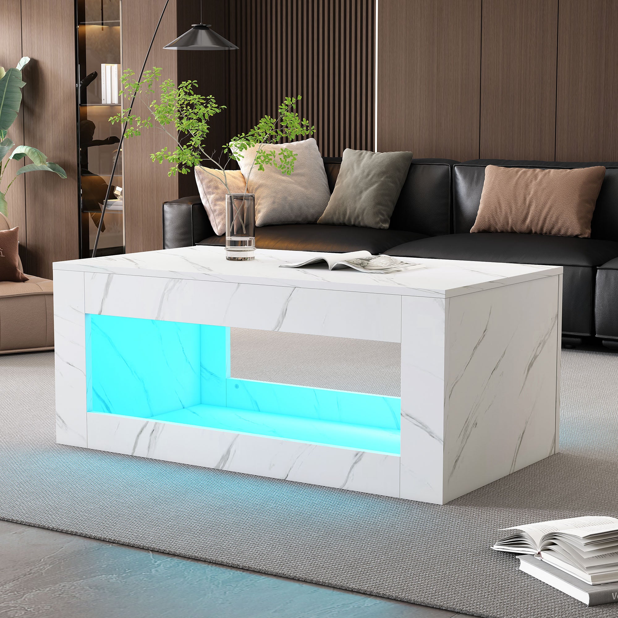 Stolik kawowy z otwartą przegrodą - 100 x 50 x 50 cm - Płyta wiórowa - Diody LED - Wzór marmurowy - Biały