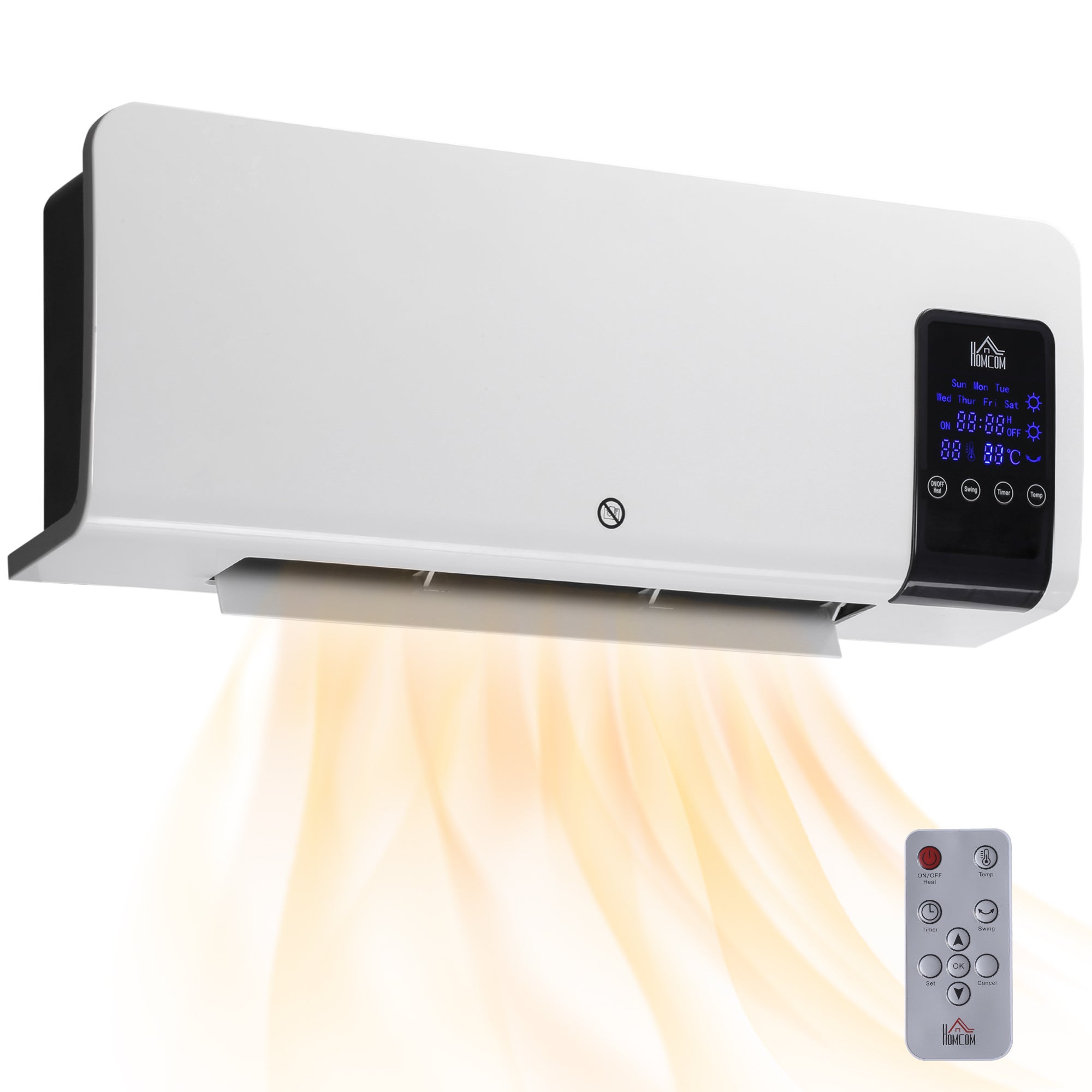 Grzejnik ścienny elektryczny 1000W/2000W z wyświetlaczem LED i pilotem, 54,5 x 12 x 21,5 cm, biały