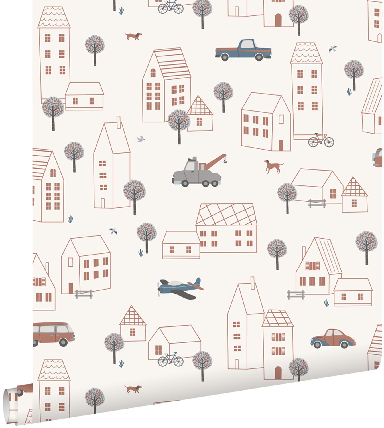 Tapeta pojazdy beżowy, niebieski i czerwony - 50 x 900 cm - ESTAHOME
