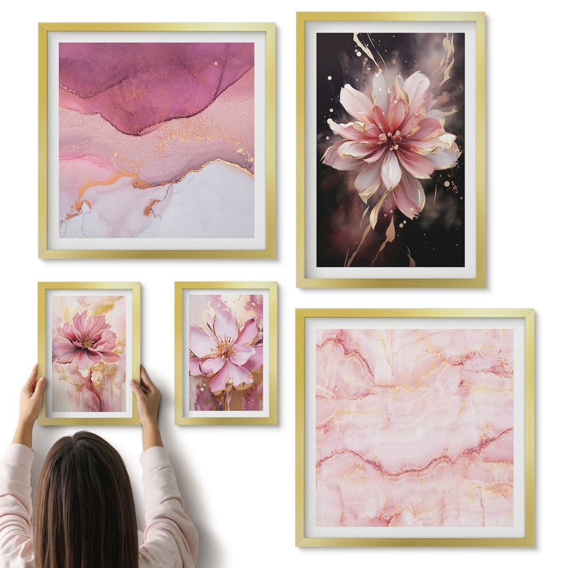 Galeria ścienna 5-częściowy komplet obrazów w złotych ramach - Kwiatowe kompozycje w delikatnych odcieniach różu - ArtPrintCave