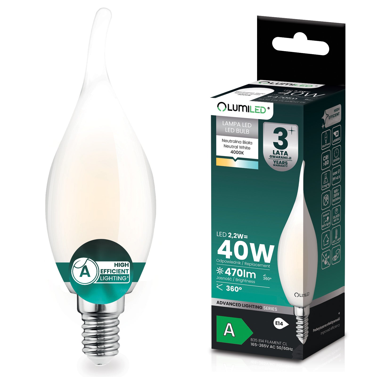 Żarówka LED Lumiled E14 Świeczka BA35 2.2 W 470 lm 4000K Neutralna biel 360st Filament Klasa A