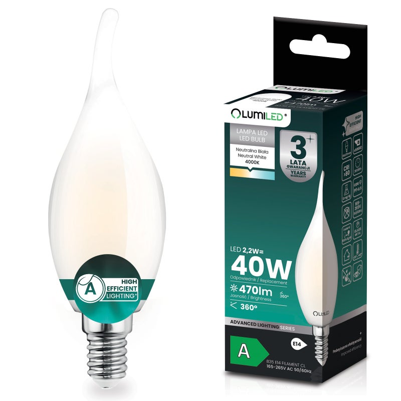 Żarówka LED Lumiled E14 Świeczka BA35 2.2 W 470 lm 4000K Neutralna biel 360st Filament Klasa A