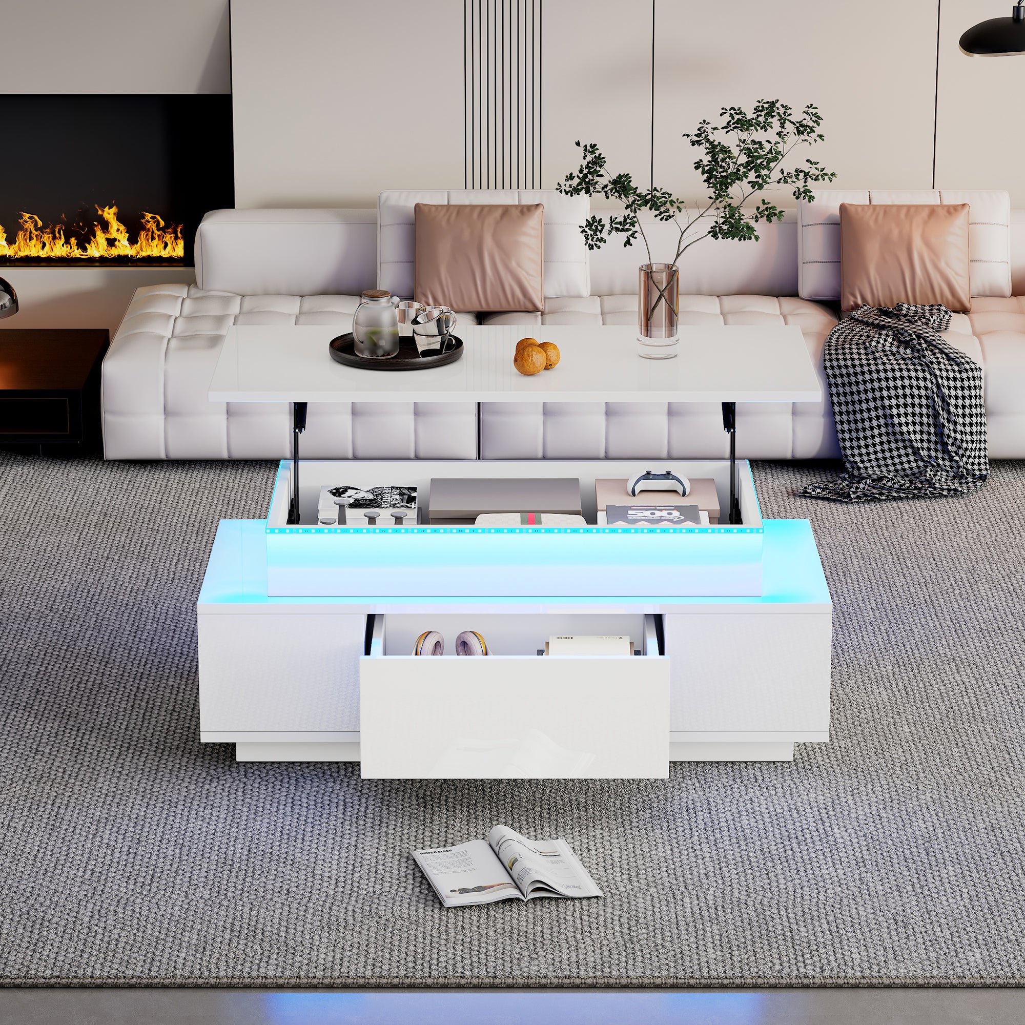 Stolik kawowy z podnoszonym blatem, 1 szufladą i 2 otwartymi przegródkami – 96 x 45 x 40 cm – diody LED – płyta wiórowa – kolor biały