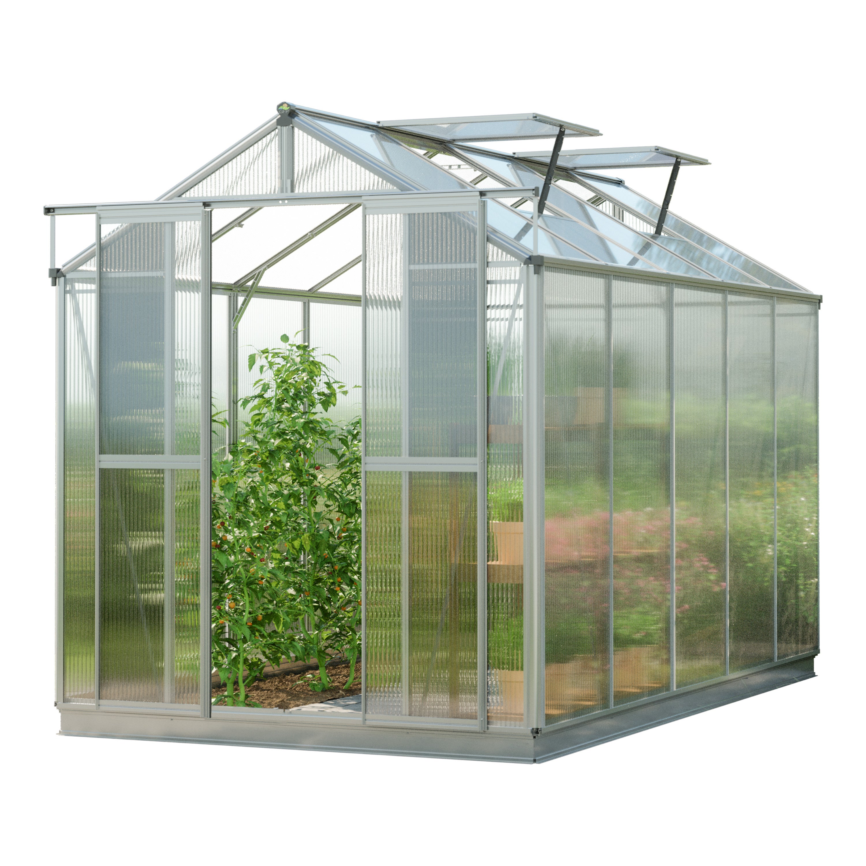 GFP Szklarnia Picco 5 – rama aluminiowa – 179 x 322 cm – poliwęglan 6 mm - z ramą fundamentową i 1 automatycznym otwieraczem okien