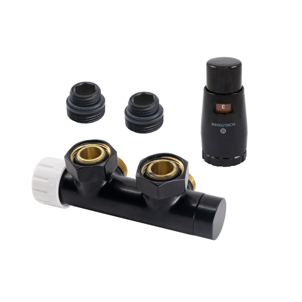 Zestaw DuoPlex SCHLOSSER z głowicą Mini Brillant, 3/4 x M22x1,5, figura kątowa prawa, 2 szt nypel G 1/2 x 3/4 czarny mat 1 zest.