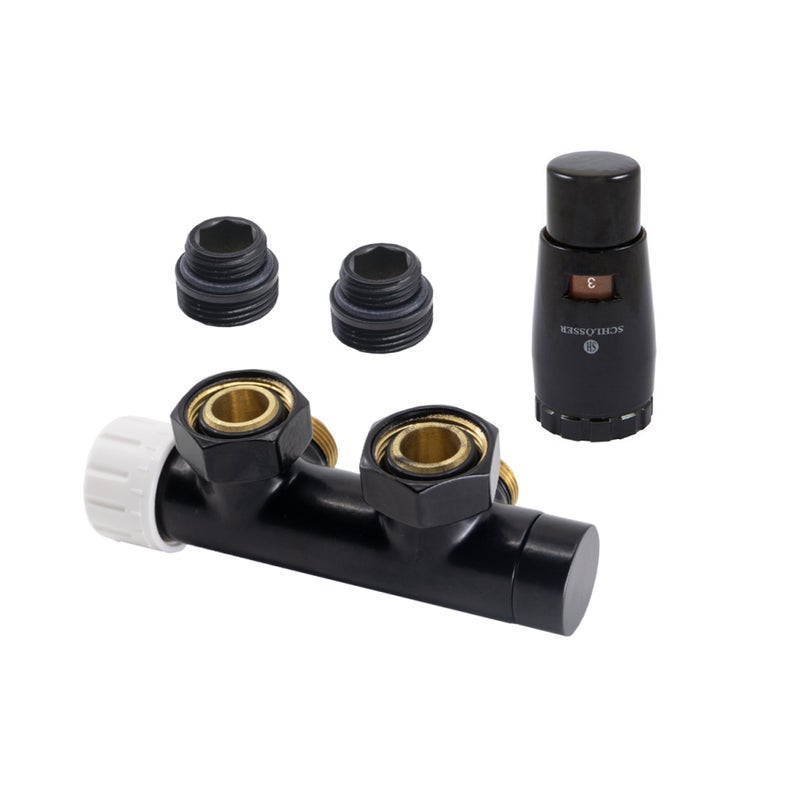 Zestaw DuoPlex SCHLOSSER z głowicą Mini Brillant, 3/4 x M22x1,5, figura kątowa prawa, 2 szt nypel G 1/2 x 3/4 czarny mat 1 zest.
