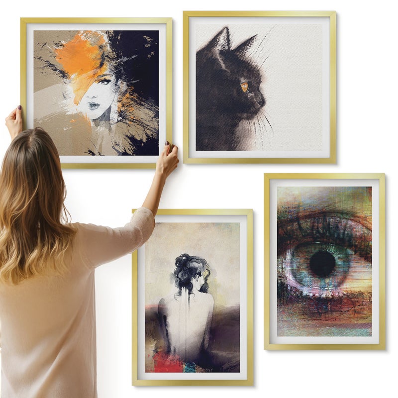 Galeria ścienna 4-częściowy komplet obrazów w złotych ramach - Portret kobiety oko abstrakcyjne kolory emocje - ArtPrintCave
