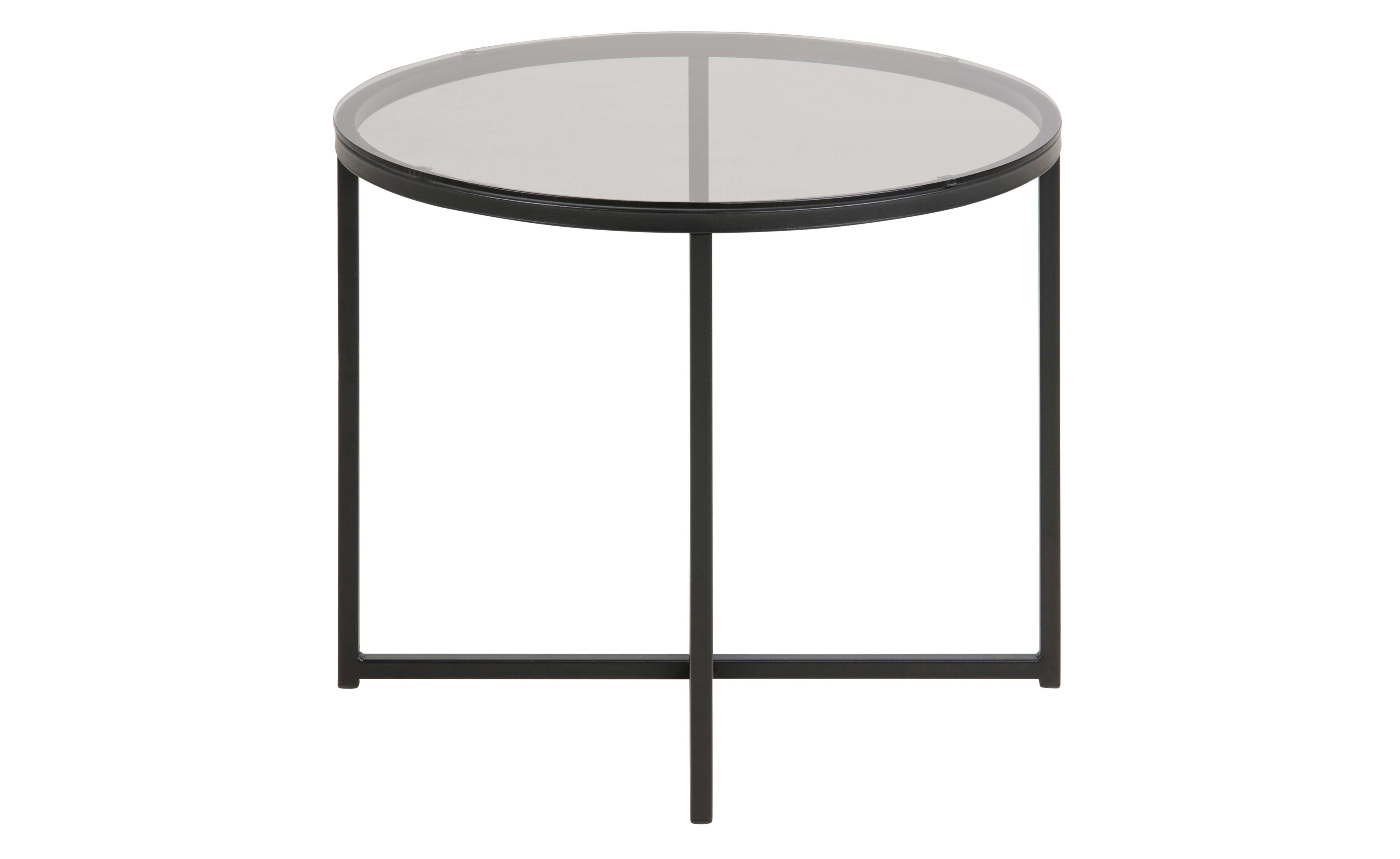 Cape stolik kawowy stół narożny, Ø 55 cm, przydymione szkło i czarny metal mat.