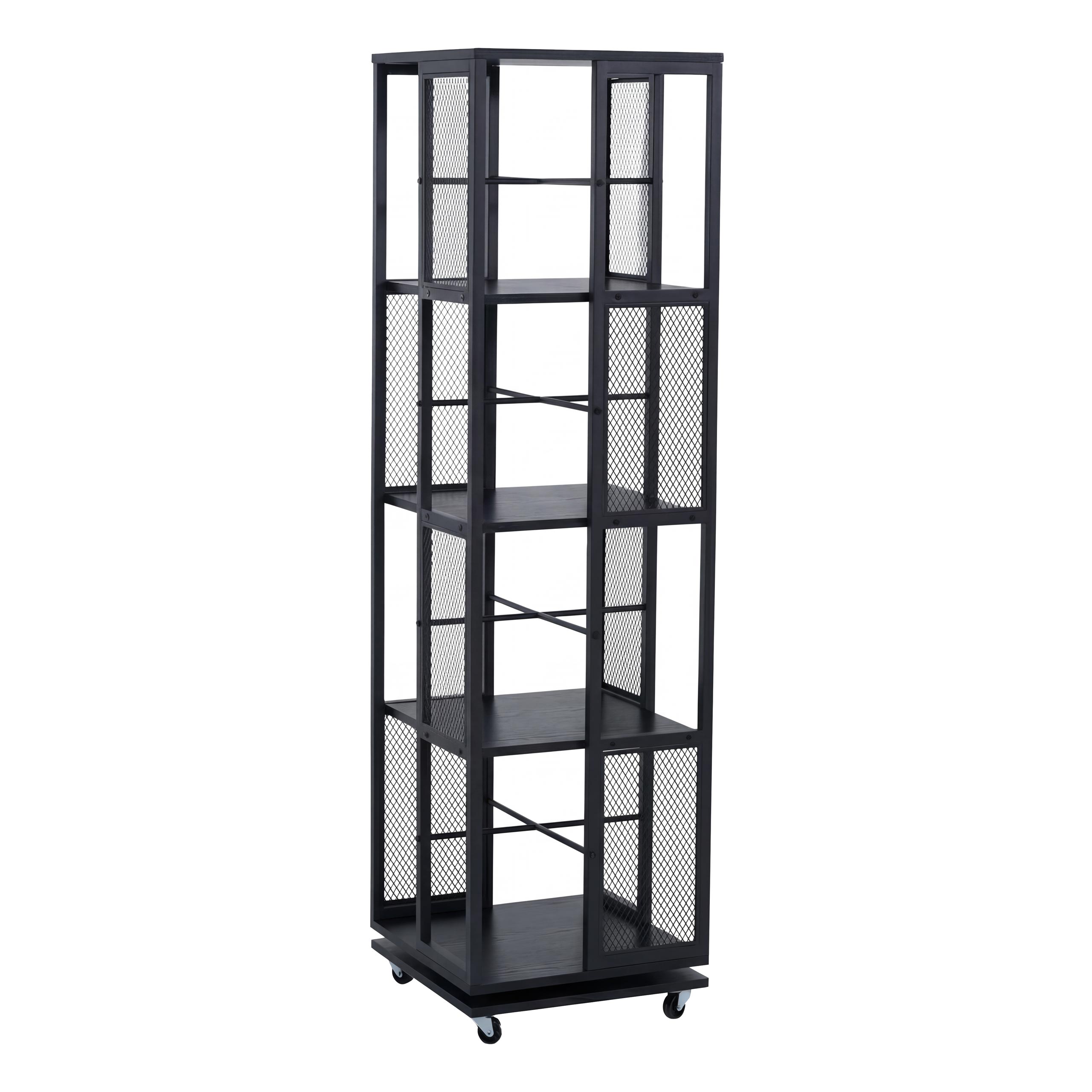 Regał na książki HWC-P13, regał stojący, obrotowy, kółka obrotowe, metal Industrial Melamina MVG 147x40x40cm ~ czarny