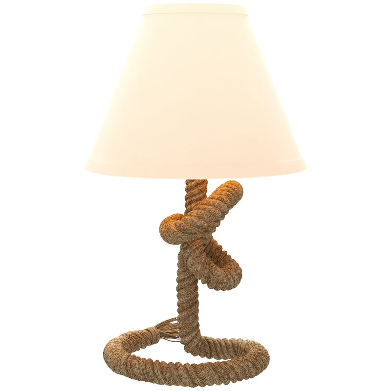 Lampa stołowa LED z metalową podstawą, lnianą liną i abażurem z tkaniny, maks. 40 W, Ø28 x 45,5 cm, brązowo-beżowa