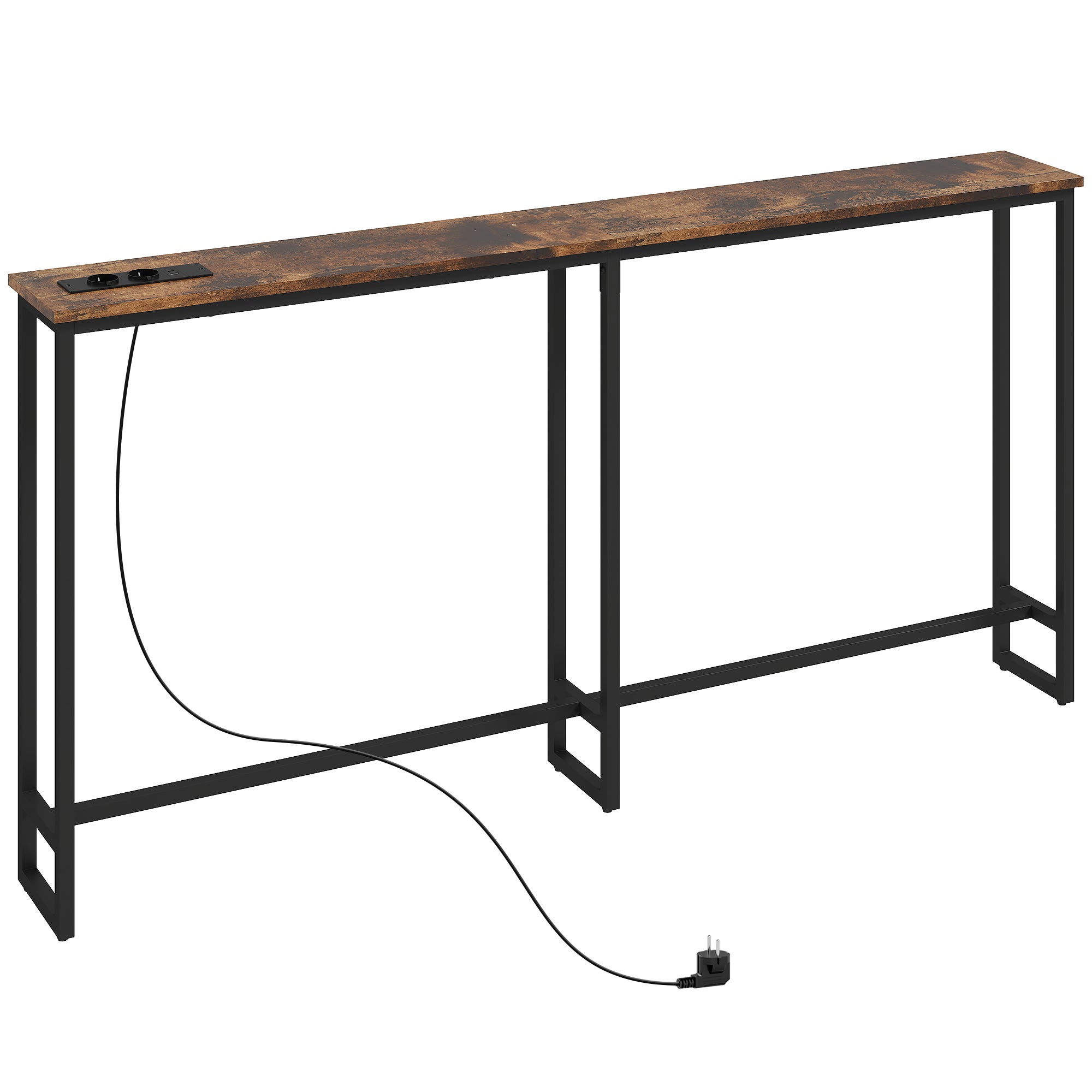 Wąski stolik konsolowy w stylu industrialnym z gniazdami zasilania i USB, do salonu, przedpokoju, korytarza, 160x20x80 cm, brązowy