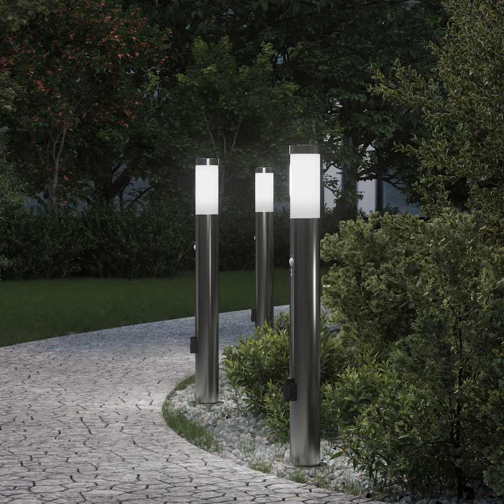 Lampy słupkowe z czujnikiem i gniazdkiem, 3 szt., 80 cm, stal nierdzewna, IP44 vidaXL