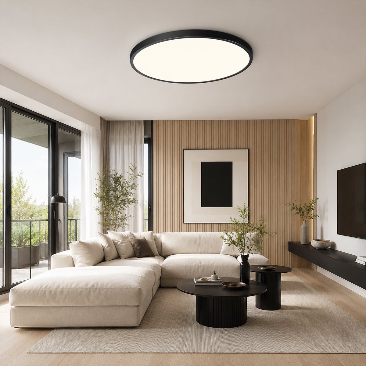 Okrągły plafon LED ultracienki Ø 40 cm 38 W czarny płaski panel 3 barwy światła sterowane włącznikiem ściennym Lampa sufitowa do salonu sypialni