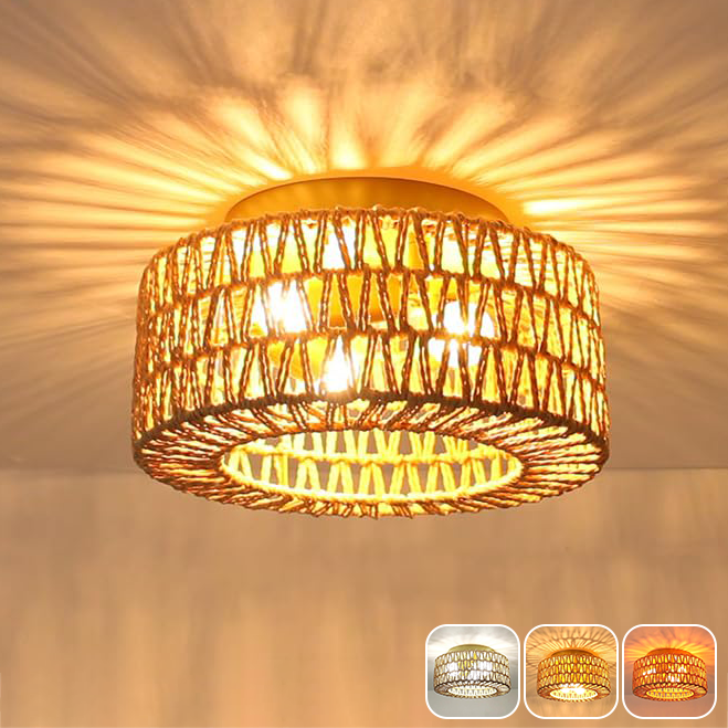 Lampa sufitowa z rattanu, żyrandol w stylu boho, lampa wisząca z żarówką, lampa sufitowa w stylu Wabi-sabi, 3 temperatury barwowe (3000K-6000K)