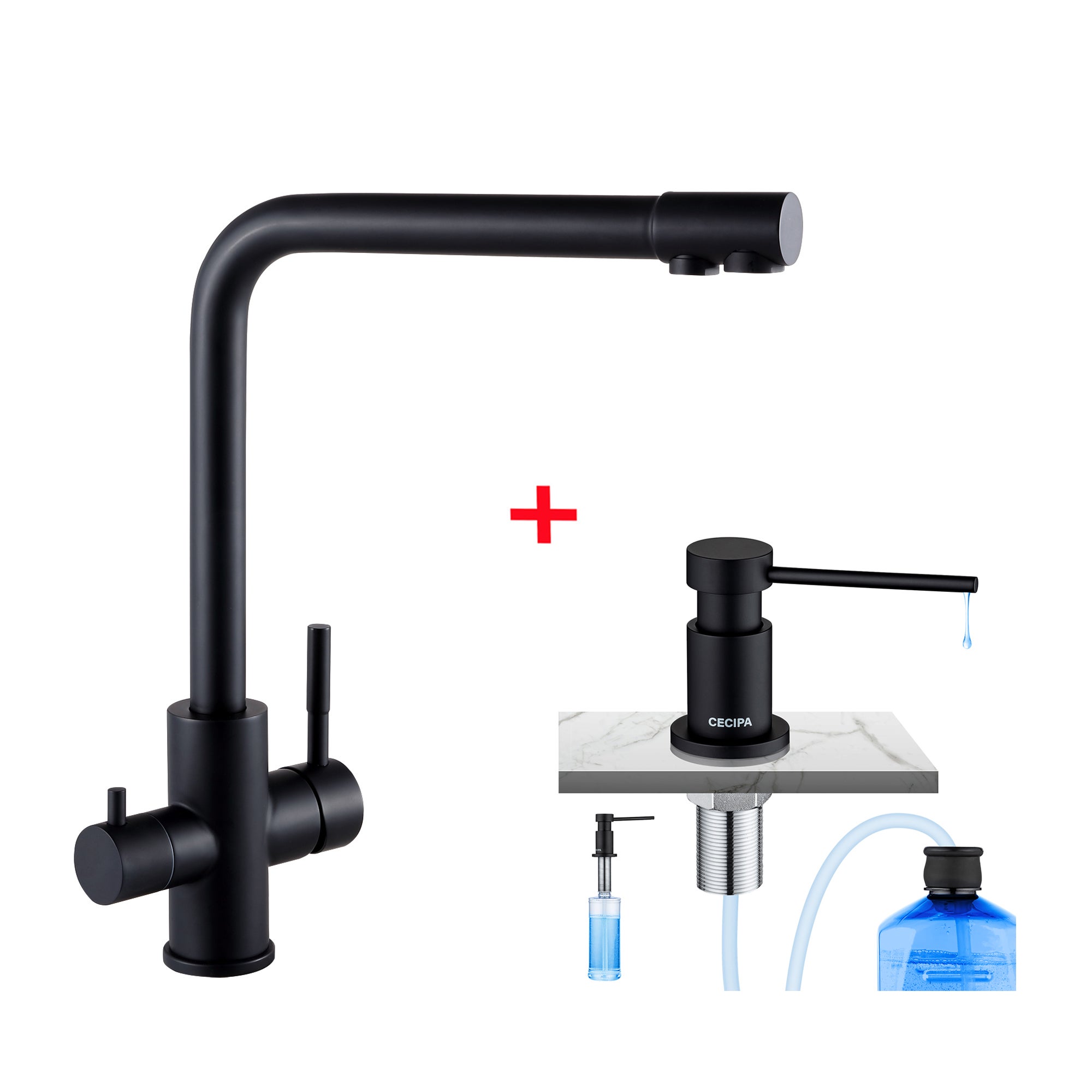 Cecipa Max Black 3-drożna bateria kuchenna, bateria kuchenna 3 w 1 do systemu osmozy + dozownik mydła kuchennego w kolorze czarnym
