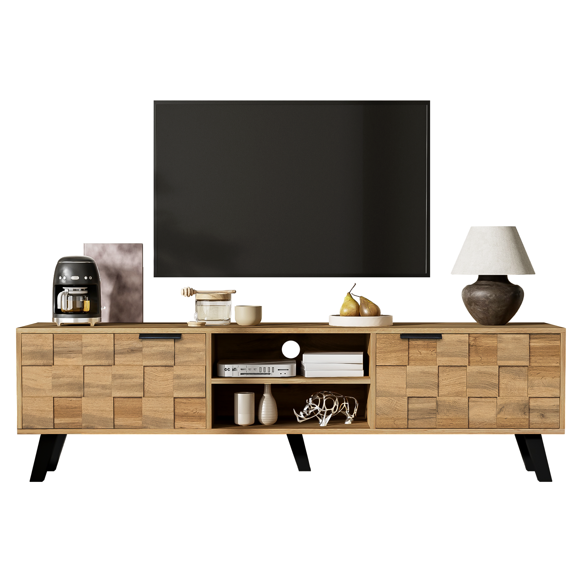 TV-Schrank z 2 drzwiami i 2 otwartymi półkami - 160,5x35,5x45 cm, drewniany, nowoczesny, stabilny